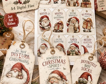 12 roliga julklappsetiketter utskrivbara, julklappsetiketter för tomtenisser, digital nedladdning i α4-format