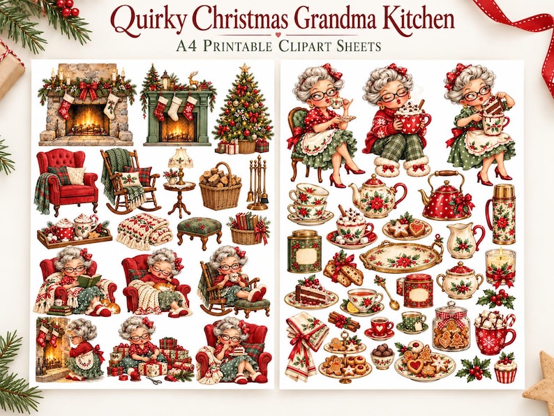 May include: A collection of A4 printable clipart sheets titled Quirky Christmas Grandma Kitchen featuring illustrations of elderly characters, fireplaces, Christmas trees, rocking chairs, tea sets, cookies, and festive holiday kitchen decor.