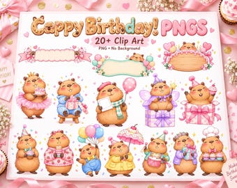 カピバラの誕生日PNG画像集、かわいいパーティー用クリップアート（20ファイル以上）