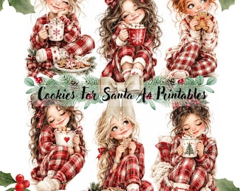 May include: A digital illustration set featuring six young children in red and white plaid pajamas, each holding a mug or gingerbread cookie. The text Cookies For Santa A4 Printables is centered among festive holly leaves and a beige ribbon bow.
