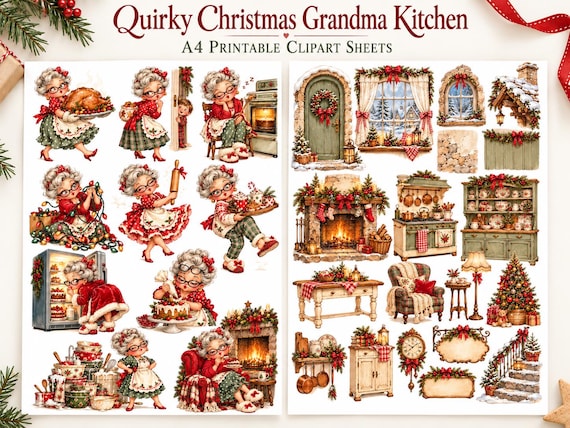 Quirky Christmas Grandma Kitchen Clipart Sheets, 11 A4 Printable Pages, Vintage Holiday Baking Ephemera, Junk Journal Digital Download