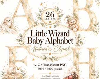 Trollkarlsbabyshoweralfabet Clipart: 26 akvarellbokstäver A–Ö, transparent PNG, 3000 × 3000