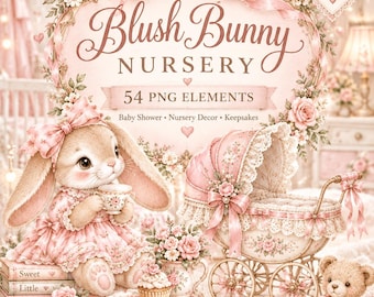 Paquete grande de imágenes prediseñadas de conejitos para guardería, 54 PNG, invitación para baby shower, decoración de pared para guardería, anuncio de nacimiento (descarga digital)