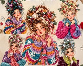 Pacchetto di clipart di pulcini natalizi stravaganti, 23 PNG Ragazze invernali, maglioni accoglienti e donne natalizie massimaliste
