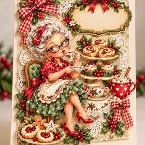 May include: A decorative greeting card featuring an illustration of a character with gray hair and glasses drinking tea. The scene includes a tiered tray of pastries, a red mug with white hearts, gingerbread cookies, and holly berry accents.
