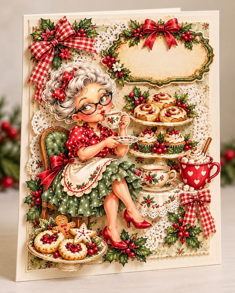 May include: A decorative greeting card featuring an illustration of a character with gray hair and glasses drinking tea. The scene includes a tiered tray of pastries, a red mug with white hearts, gingerbread cookies, and holly berry accents.