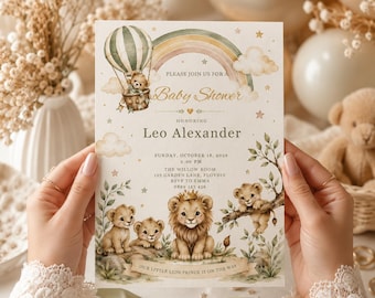 Mall för inbjudan till lejonbabyshower, redigerbar Canvas 5x7, födelsedagsfestversion, neutral safari akvarell