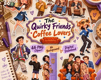 風変わりなコーヒー好きのクリップアートバンドル、44種類のPNGキャラクター、気まぐれな90年代カフェクルー、面白いレトロなデジタルダウンロード