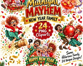 おもしろい新年ファミリーPNGバンドル、24の新年クリスマスイブクリップアート、風変わりなクリスマス クリップアート、デジタルダウンロード