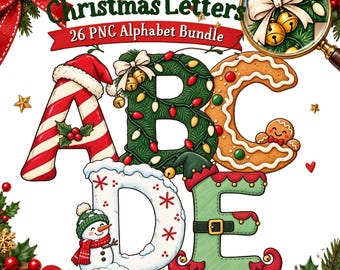 風変わりなクリスマスアルファベットPNGバンドル、A～Zの26種類の楽しいホリデー文字、お祝いのイニシャルクリップアート、透明PNG、即時ダウンロード