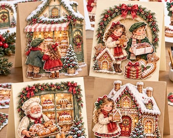 Papeles digitales A4 con diseño de panadería navideña de pan de jengibre, 12 hojas imprimibles, manualidades navideñas vintage, diario creativo, creación de tarjetas.