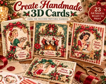 レトロなクリスマス印刷用素材セット、A4サイズ23ページ、ヴィンテージホリデークリップアート（デジタルダウンロード）