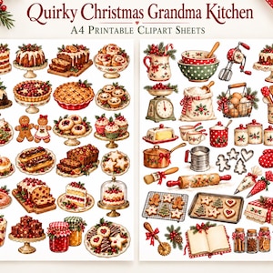 May include: Two A4 printable clipart sheets titled Quirky Christmas Grandma Kitchen featuring various illustrations of holiday baked goods, kitchen tools, and festive food items including cakes, pies, cookies, mixing bowls, and baking utensils.
