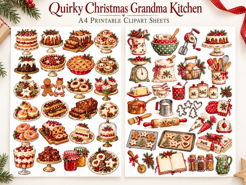 May include: Two A4 printable clipart sheets titled Quirky Christmas Grandma Kitchen featuring various illustrations of holiday baked goods, kitchen tools, and festive food items including cakes, pies, cookies, mixing bowls, and baking utensils.