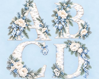 Vitt björkskogsalfabet PNG: 26 blå vinterblommiga bokstäver A–Ö, akvarell julclipart
