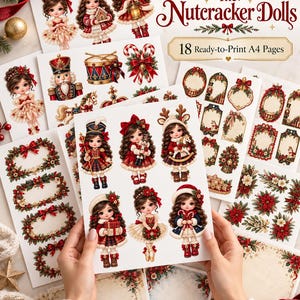 Op de afbeelding: Een printbare collectie van 18 A4-pagina's getiteld The Nutcracker Dolls, met illustraties van poppen in feestelijke kleding, kerstkransen, zuurstokken, trommels en decoratieve labels in rood, groen en goudkleurige kerstthema's.