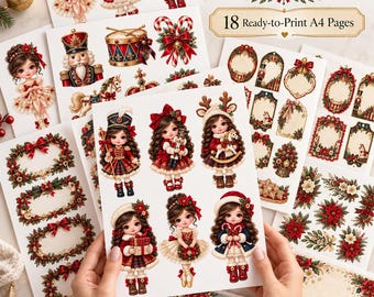 くるみ割り人形のプリント用素材セット、A4サイズのクリスマス工作シート18枚（デジタルダウンロード）
