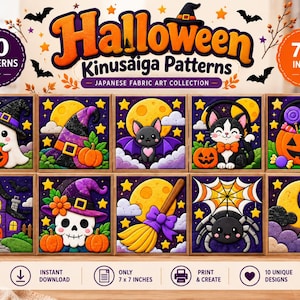May include: A collection of 10 Halloween Kinusaiga patterns featuring 18x18 cm designs. The images display a ghost, witch hat, bat, cat, pumpkin bucket, haunted house, skull, broom, spider, and moon, all set against purple night skies.