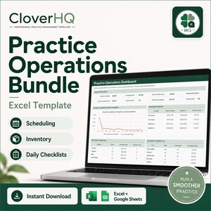 Puede incluir: Una plantilla de Excel CloverHQ Practice Operations Bundle mostrada en la pantalla de una computadora portátil. La interfaz muestra un panel de operaciones con tablas de datos para programación, inventario y listas de verificación. Incluye iconos.