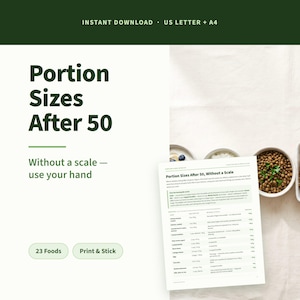 May include: A digital guide titled Portion Sizes After 50, Without a scale — use your hand, featuring a printed chart on white paper. The document lists 23 foods with portion measurements in ounces and grams, alongside small bowls of food.