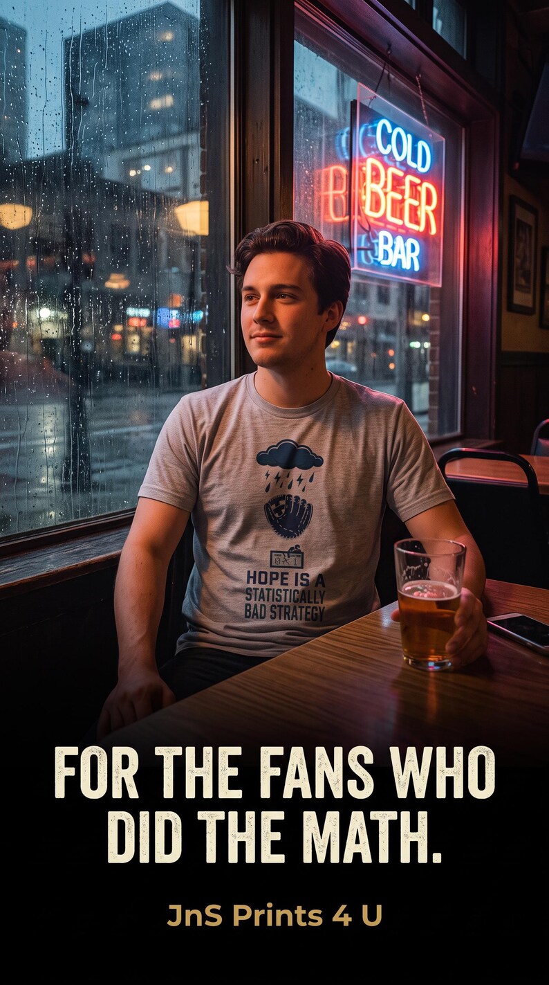 May include: A light gray short-sleeve t-shirt featuring a dark blue graphic of a rain cloud over a baseball glove, with the text "HOPE IS A STATISTICALLY BAD STRATEGY" printed below the graphic in a dark blue sans-serif font.