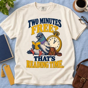 T-shirt met leesduif, T-shirt met afbeelding van een boekenwurmvogel, Comfort Colors 1717, Cadeau voor fervente lezers