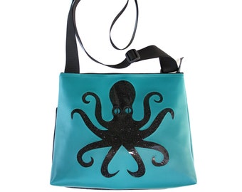 Octopus, black, blue vinyl, glitter vinyl, vegan, vegan leather, large, cross body bag