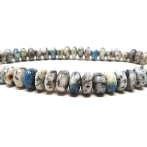 K2 Stone Bracelet 8mm Smooth Rondelle Beads Stretch White Granite Blue Azurite Spots Gemstone Pakistan Jasper Natural Genuine Untreated RARE