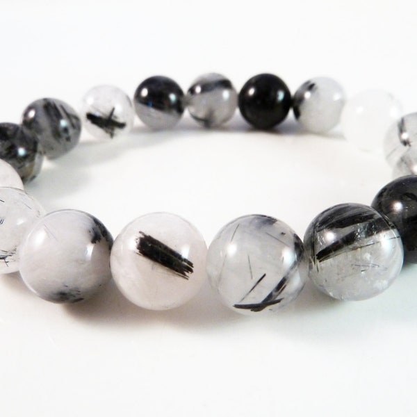 Black Tourmaline Rutilated Quartz Stretch Bracelet 12mm Round Bead Bracelet