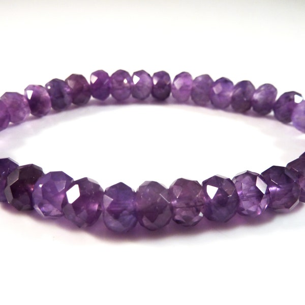 Amethyst Bracelet 8mm Faceted Rondelle Beads Stretch Purple Gemstone Natural Genuine Crystal Big Chunky Boho Elegant Stack Layer Unisex