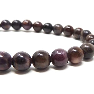 Può includere: Un braccialetto fatto di perline di pietre preziose di colore viola scuro e marrone.