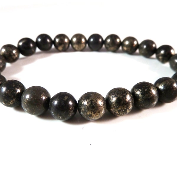 Guérisseurs Bracelet Or 8mm Lisse Perles Rondes Stretch Magnétite Pyrite Gemstone Or Noir Naturel Authentique Unisexe Pile Haute Vibration Boho