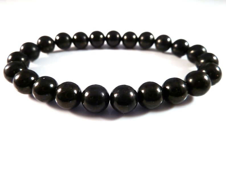 Jet Stretch Bracelet 8mm Smooth Round Polished Bead Bracelet Lignite Black Witches Amber Dark Gray Gemstone Stack Layer Unisex Gift Light