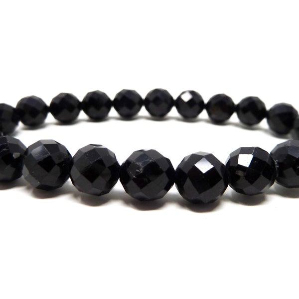 Black Tourmaline Bracelet 8mm Faceted Round Bead Stretch High Quality Schorl Sparkly Gemstone Natural Genuine Unisex Stack Boho