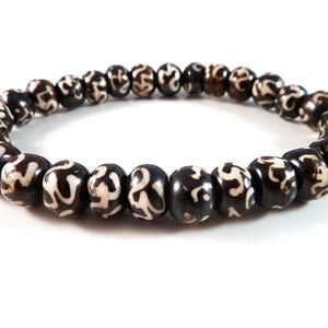 Men&#39;s Tibetan Om Bracelet 9mm 10mm Rondelle Beads Stretch Dark Brown Yak Bone Om Mani Padme Hum Buddhist Buddha Chunky Large Stack Unisex