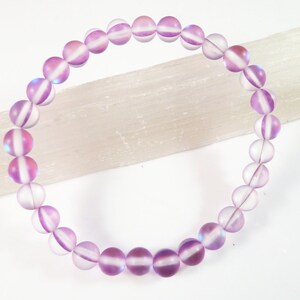 Mermaid Glass Bracelet 6mm Smooth Round Beads Lavender Purple Angel Aura Mystic Matte Frosted Beads Flash Rainbow Aurora Borealis Stack Boho