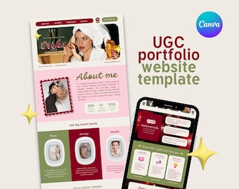 Modèle de site web portfolio pour créateurs de contenu utilisateur | Design Canva rouge, rose et vert (Téléchargement numérique)