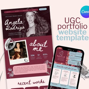 May include: A digital UGC portfolio website template for Canva featuring a dark maroon and light blue color scheme. The layout displays a header with the name Angela Rodrigo, an about me section, and a mobile phone screen showing pricing plans.