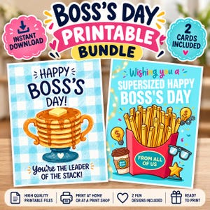 Może przedstawiać: Zestaw kartek do druku na Dzień Szefa z dwoma wzorami. Jedna kartka przedstawia stos naleśników z syropem i napis 'Happy Boss's Day! You're the leader of the stack!'. Druga pokazuje frytki z napisem 'Wishing you a supersized happy Boss's Day from all of us'.