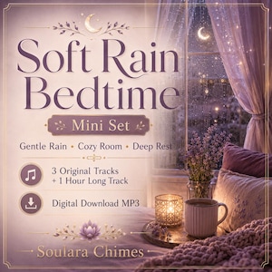 Può includere: Un prodotto audio digitale intitolato Soft Rain Bedtime Mini Set di Soulara Chimes. Include 3 tracce originali e una traccia di 1 ora come download digitale MP3. L'immagine mostra una camera da letto accogliente con una candela e una tazza.