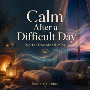 Könnte beinhalten: Ein digitaler MP3-Download mit dem Titel Calm After a Difficult Day von Soulara Chimes. Das Bild zeigt einen gemütlichen Raum mit Kamin, einer Laterne, einer Liege mit blauer Decke und einem Fensterblick auf einen Sonnenuntergang.