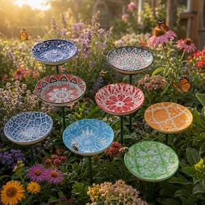 Puede incluir: Un conjunto de ocho estacas decorativas para jardín, cada una con un cuenco circular poco profundo con patrones distintos y coloridos en azul, rojo, naranja y verde. Los cuencos están montados sobre varillas de metal entre flores en flor.