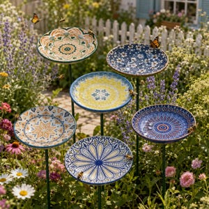 May include: Six circular ceramic bird baths on thin metal stakes, each featuring distinct colourful patterns including floral, mandala, and geometric designs in shades of blue, yellow, orange, and white, positioned among various garden flowers.
