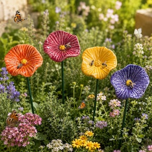 May include: Four ceramic flower garden stakes in orange, magenta, yellow, and purple, each featuring a textured petal design and a central yellow stamen. The flowers are mounted on thin green metal stems, with bees resting on the petals.