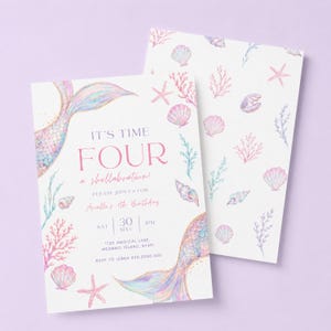 May include: A white birthday invitation card featuring a watercolor mermaid tail, pink coral, and seashells. The text reads: IT'S TIME FOUR A shellabration! PLEASE JOIN US FOR Arielle's 4th Birthday SAT 30 MAY 8PM 1728 MAGICAL LANE, MERMAID ISLAND, 5949
