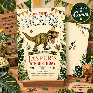 Inbjudan till dinosauriefödelsedag, festinbjudan till Stomp Chomp Roar, redigerbar Canvas-mall, inbjudan till T-Rex för 5 år