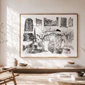 Pode incluir: Uma grande impressão de arte de parede retangular apresentando uma colagem de esboços a tinta em preto e branco. A obra exibe várias cenas arquitetônicas, incluindo uma igreja com uma torre alta, um vitral, edifícios rurais e árvores.