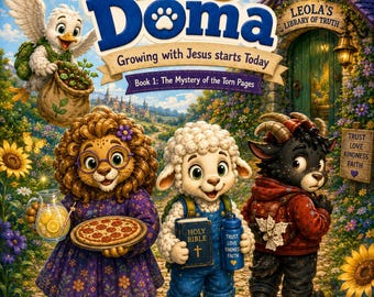 Pode incluir: Uma capa de livro intitulada Little Big Doma Book 1: The Mystery of the Torn Pages. Mostra um leão, um cordeiro e uma cabra num caminho de pedra. O cordeiro segura uma Bíblia e uma garrafa azul. O texto inclui Grow with Jesus.