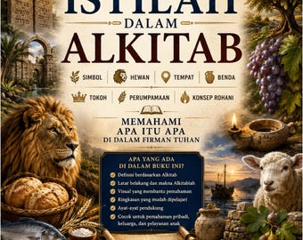 Pode incluir: Uma capa de livro intitulada ISTILAH DALAM ALKITAB com uma colagem de imagens bíblicas, incluindo uma arca de madeira, tábuas de pedra, um leão, uvas, um cordeiro e uma lâmpada. O texto inclui categorias descritivas e um resumo do conteúdo.