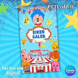 Puede incluir: Una invitación de cumpleaños digital con fondo azul, estrellas amarillas y un gráfico de carpa de circo. Muestra el texto JOIN US TO CELEBRATE, EIKER CALEB, Is turning 2, 13 SÁBADO 4:00 PM, SALÓN DE EVENTOS Marías Yañez, VER UBICACIÓN y CONFIRMA TU ASISTENCIA.